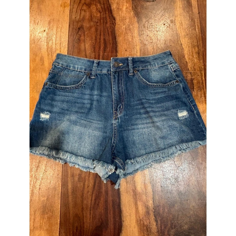 REWASH denim shorts women sz 7 blue high rise distressed raw hem eco fiber jeans